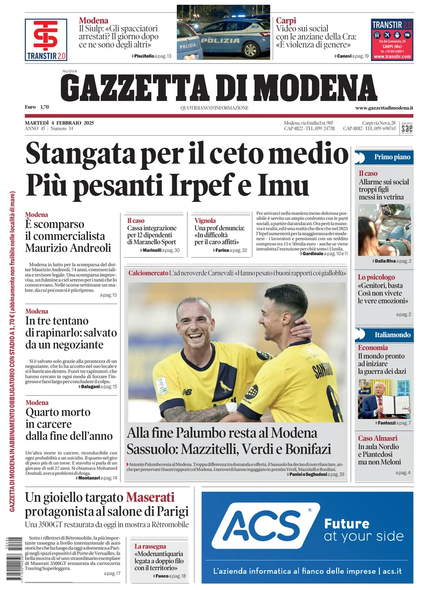 Prima-pagina-gazzetta di modena-oggi-edizione-del-2025-02-04